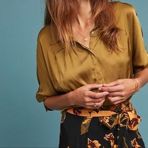 Anthropologie Silk button-up Blouse | Olive Green | size M | NWOT